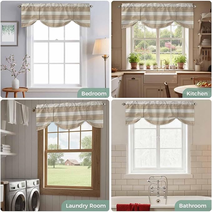 Brown Ombre Wooden Tie Up Valance Curtains for Windows, Kitchen Curtains Window Shades, Farmhouse Retro Khaki Wood Light Filtering Roman Curtain Valances for Bedroom/Bathroom/Cafe 60"x18"
