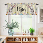 Happy Easter Kitchen Curtains Set 3 Piece for Windows,Rod Pocket Valance and Tier Set 36 Inch Length,Spring Grey Bunny Colorful Eggs Flower Brown Light Filtering Cafe Curtains for Living Room
