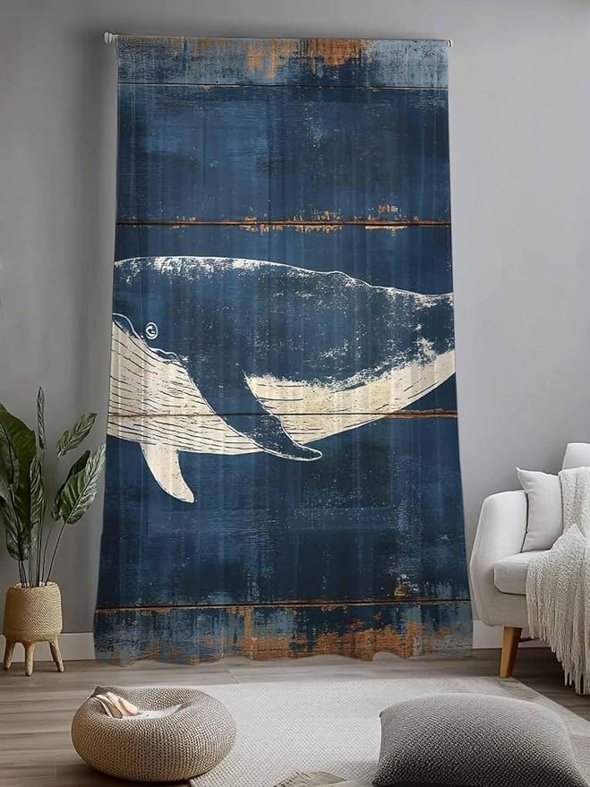 Sheer Curtains 108 Inches Long, Summer Whale Blue Semi Sheer Curtains Light Filtering Window Treatment, Coastal Ocean Vintage Wooden Grain Privacy Voile Drapes for Living Room Bedroom 52x108 Inch