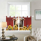 Sheep Sunflower Kitchen Curtains 36 Inch Length, Small Window Curtains Tab Top, Country Red Farm Barn Spring Flowers Light Filtering Short Window Treatments Tier Drapes 27.5"x36" 2 Panel