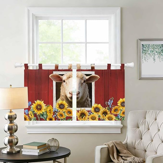 Sheep Sunflower Kitchen Curtains 36 Inch Length, Small Window Curtains Tab Top, Country Red Farm Barn Spring Flowers Light Filtering Short Window Treatments Tier Drapes 27.5"x36" 2 Panel