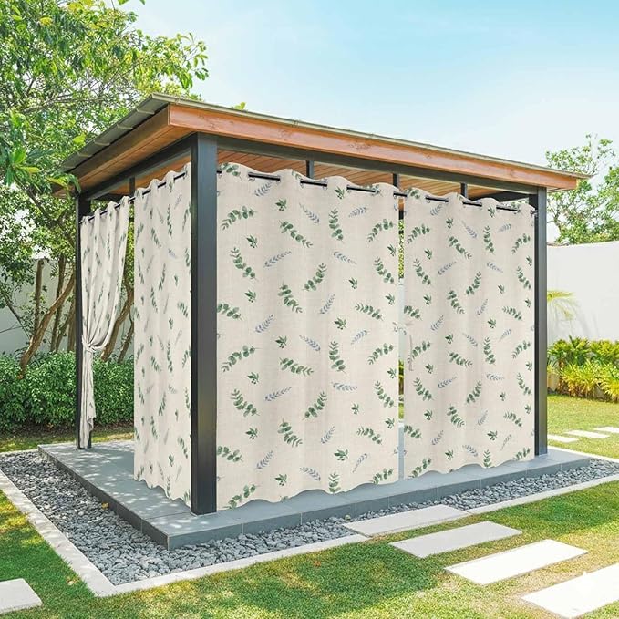 Leaf Outdoor Curtains for Patio Summer Jugal Leaves Pastoral Plant Linen Waterproof Outside Curtains with Grommet Top Weatherproof Curtain for Cabana Pergola Gazebo, 1 Panel, 54" W x 84" L