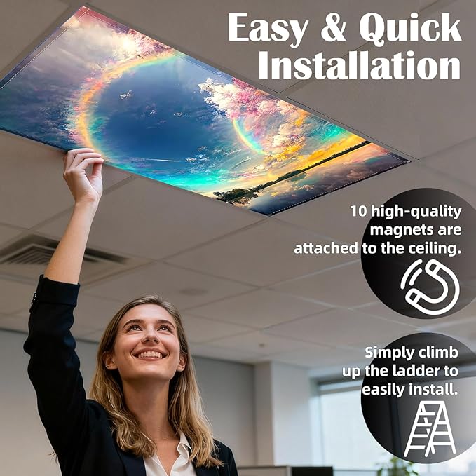 4 Pcs Fluorescent Light Covers - Classroom, Office 4 x 2 Feet Flame Retardant Magnetic Covers for Ceiling Lights Filters (Auspiciousness Clouds)