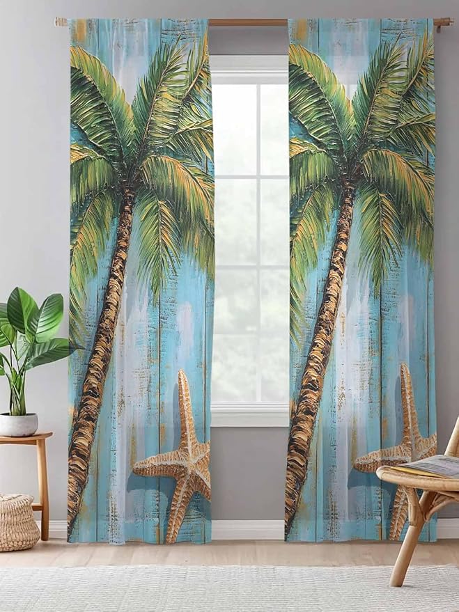 Sheer Curtains 108 Inches Long, Coastal Beach Tree Semi Sheer Curtains Light Filtering Window Treatment, Summer Tropical Starfish Wood Grain Privacy Voile Drapes for Living Room Bedroom 52x108 Inch