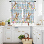 Kitchen Curtains Tiers and Valance Set of 3, Easter Light Filtering Window Curtain Set, Farmhouse Spring Rabbit Eggs Flowers Wooden Board Rod Pocket Curtain Drapes for Living Room, 24 Inches Tiers