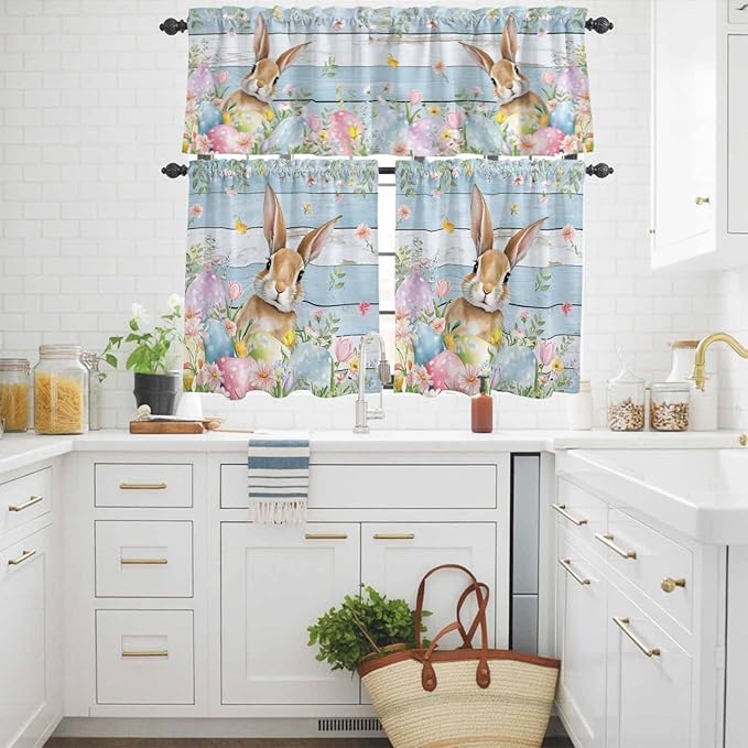 Kitchen Curtains Tiers and Valance Set of 3, Easter Light Filtering Window Curtain Set, Farmhouse Spring Rabbit Eggs Flowers Wooden Board Rod Pocket Curtain Drapes for Living Room, 24 Inches Tiers