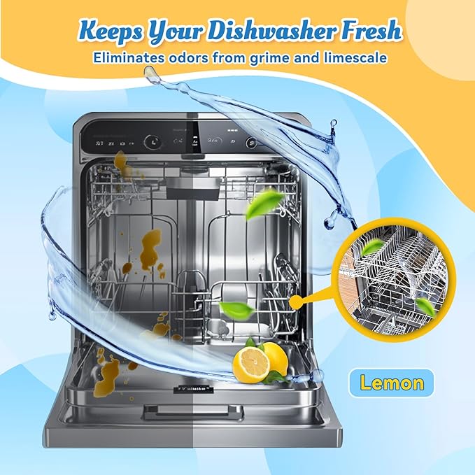Dishwasher Cleaner Tablets Deodorizer Pods-24 Pack Deep Cleaning Dish Washer Descaler Freshener-Grime Limescale Heavy Duty Grease Odor Smell Remover-for All Dishwashers Lemon Foaming 1 Year Supply