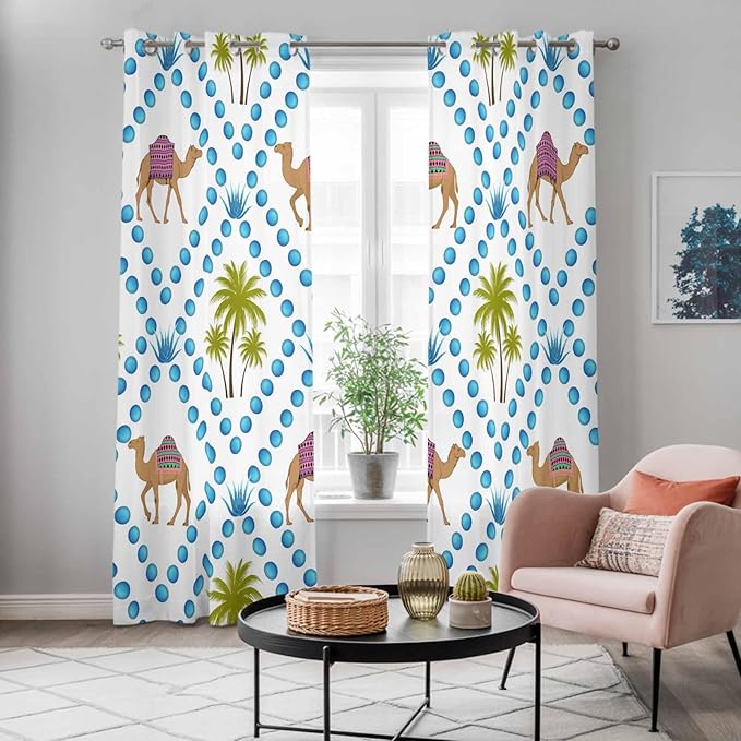 2 Panel Kitchen Cafe Curtains, Camels Palm Trees Sunlight Filtering Nature Air Through, Home Decor Window Covering Tier Curtains for Living Room 104W x 96L inch Tropical Desert Animal Plants Polka Dot