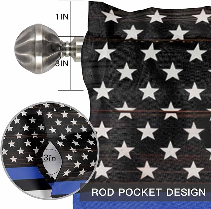 American Flag Valances for Windows, Blue Line Star Black White Stripes Wood Grain Kitchen Valance Light Filtering Rod Pocket Short Curtains for Kitchen Bathroom, 1 Panel, 60"x18"