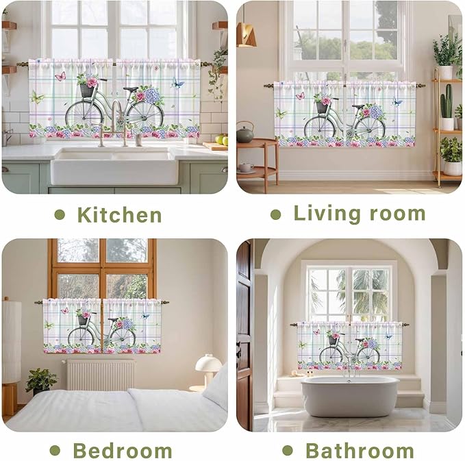 Spring Tier Curtains, Bicycles Botanical Leaves Rose Colorful Stripes Light Filtering Kitchen Curtains, 2Pcs Rod Pocket Half Window Treatments Panels for Sink Cafe Cabinet Camper 27.5x24 Inches