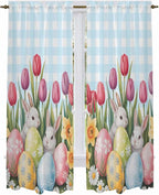 Easter Window Curtains 72 Inch Long 2 Panel Set,Rod Pocket Long Curtains & Drapes,Spring Bunny Colorful Eggs Tulip Flowers Blue Check Light Filtering Window Treatment for Bedroom 52"W x 72"L
