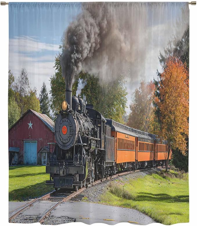 Steam Train Sheer Curtains 63 Inch Length Railroad Country Barn Rustic Trees Farmhouse Chiffon Curtain for Bedroom Living Room Light Filtering Rod Pocket Window Treatments Voile Curtains Drapes