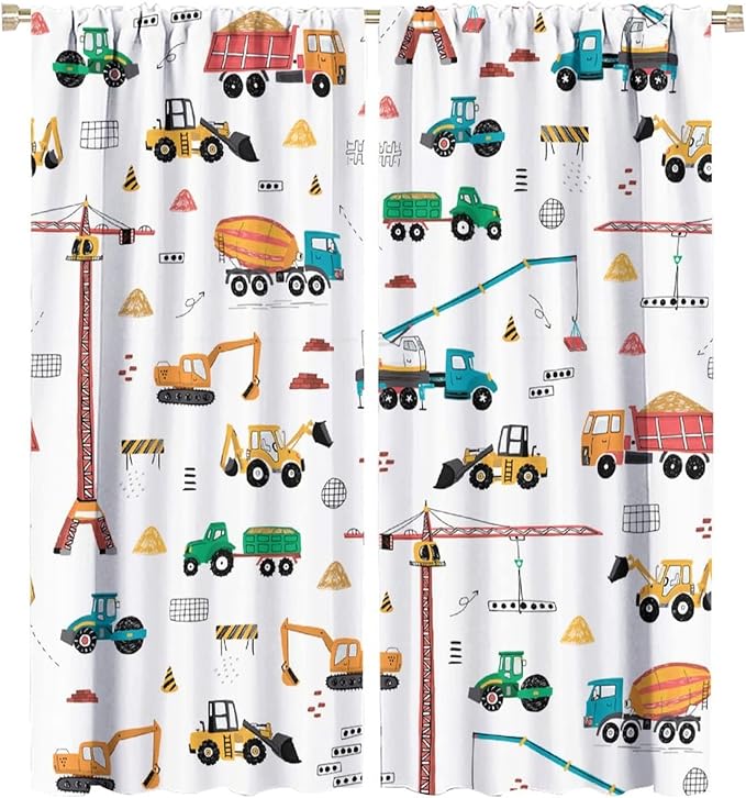 Construction Window Curtains, Kids Cartoon Construction Machines Building Hand Drawn Doodle Rod Pocket Decorative Windows Curtain for Children Teens Room Decor 52x84in (30% Blackout)