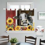 Cows Sunflowers Kitchen Curtains 45 Inch Length, Short Cafe Window Curtains Tab Top, Rustic Farms Barns Flowers Bees Animals Light Filtering Window Treatments Tier Drapes 27.5"x45" 2 Panel