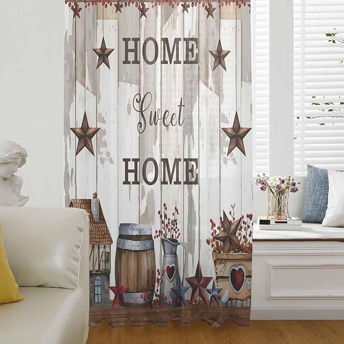 Farmhouse Sheer Curtains 63 Inch Length Retro Country Star Berry Vintage Wood Grain Chiffon Curtain for Bedroom Living Room Light Filtering Rod Pocket Window Treatments Voile Curtains Drapes