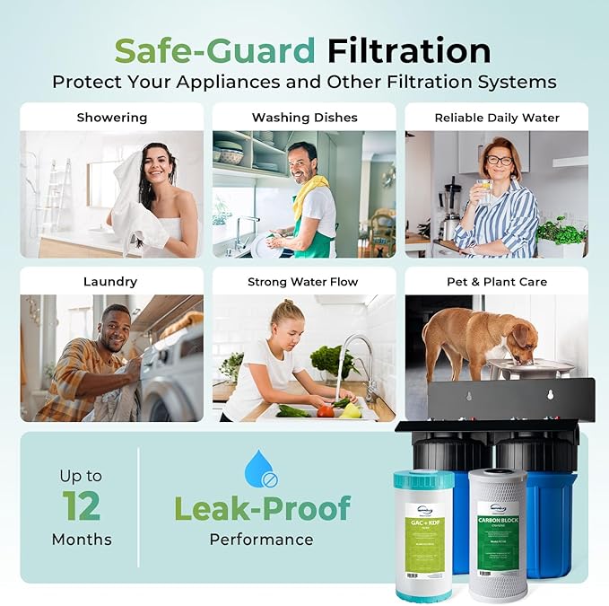 iSpring WGB21B-KS 2-Stage Whole House Water Filtration System with 10" x 4.5" Sediment CTO(Chlorine, Taste and Odor) Filter,KDF+GAC filter, Removes Chlorine, Iron, Lead, Odor and More, 1" Inlet/Outlet