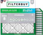 Filterbuy 21x21x1 Air Filter MERV 8 Essential Dust & Allergy Defense (12-Pack), Electrostatic Pleated HVAC AC Furnace Filters Replacement, Made in USA (Actual Size: 20.88 x 20.88 x 0.75)