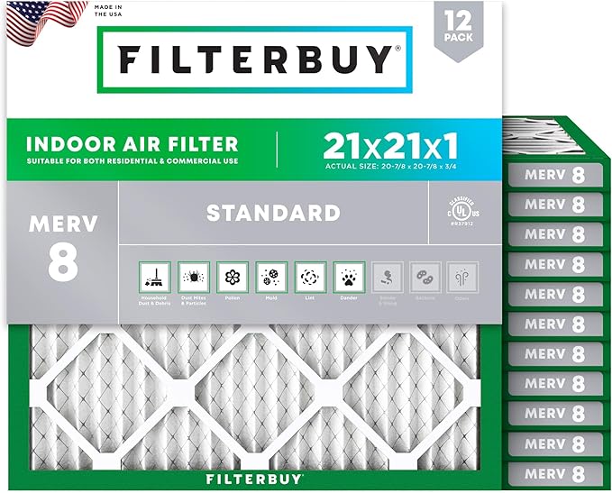 Filterbuy 21x21x1 Air Filter MERV 8 Essential Dust & Allergy Defense (12-Pack), Electrostatic Pleated HVAC AC Furnace Filters Replacement, Made in USA (Actual Size: 20.88 x 20.88 x 0.75)