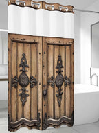 Wood Barn Door No Hook Shower Curtain with Snap in Liner Set, Waterproof Shower Curtains for Bathroom, Wooden Plank Fabric Shower Curtain, See Through Mesh Top Window, 36" W x 78" L