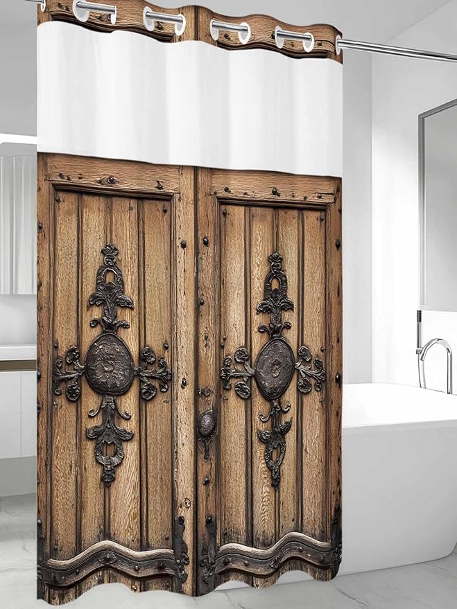 Wood Barn Door No Hook Shower Curtain with Snap in Liner Set, Waterproof Shower Curtains for Bathroom, Wooden Plank Fabric Shower Curtain, See Through Mesh Top Window, 54" W x 78" L