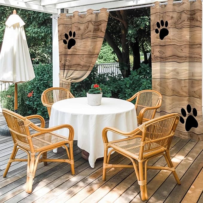 Wood Grain Outdoor Curtains for Patio Claws Animals Wooden Brown Waterproof Outside Curtains with Grommet Top Weatherproof Curtain for Cabana Pergola Gazebo, 1 Panel, 54" W x 84" L