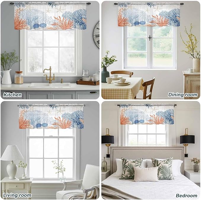 Ocean Corals Sheer Valance Curtains, Summer Beach Coral Sea Stars Light Filtering Kitchen Valances Rod Pocket Voile Curtain Window Treatment for Bedroom/Living Room/Basement 42Wx12L