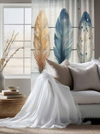 Sheer Curtains 63 Inch Length, Boho Blue Feathers Semi Sheer Curtains Light Filtering Window Treatment, Country Vintage Wooden Grain Privacy Voile Drapes for Living Room Bedroom 52x63 Inch