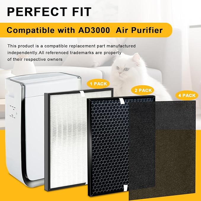 7-Pack Replacement Filter Compatible with AD3000 Air Puri-fier, One Year Combo Pack Includes: 2 High-Performance Filters + 2 Carbon Replacement Filters + 4 Pre-filters