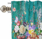 Spring Flowers Kitchen Curtain Set, Farmhouse Watercolor Teal Wood Grain Window Valance and Tiers 24" Length, Light Filtering Short Curtains Valance for Cafe Bathroom Bedroom 54"x18"