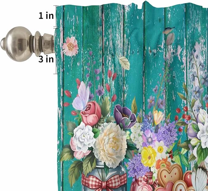 Spring Flowers Kitchen Curtain Set, Farmhouse Watercolor Teal Wood Grain Window Valance and Tiers 24" Length, Light Filtering Short Curtains Valance for Cafe Bathroom Bedroom 54"x18"