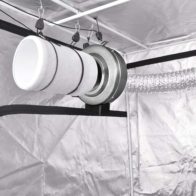 iPower GLFANXINL4FILT4MD8CTR 4 Inch 190 CFM Inline Fan Carbon Filter 8 Feet Ducting Combo with Variable Speed Controller and Rope Hanger for Grow Tent Ventilation, 4" Fan & Filter, Grey