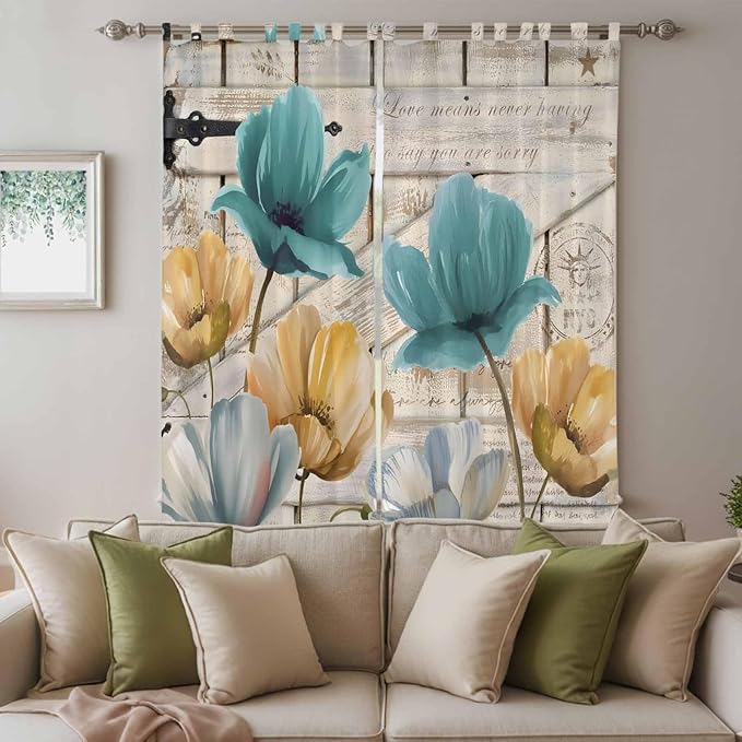 Watercolor Flowers Living Room Curtains 84 Inch Length, Window Curtains Tab Top, Vintage Tulips Floral Barn Doors Wood Grain Light Filtering Window Treatments Drapes 52"x84" 2 Panel