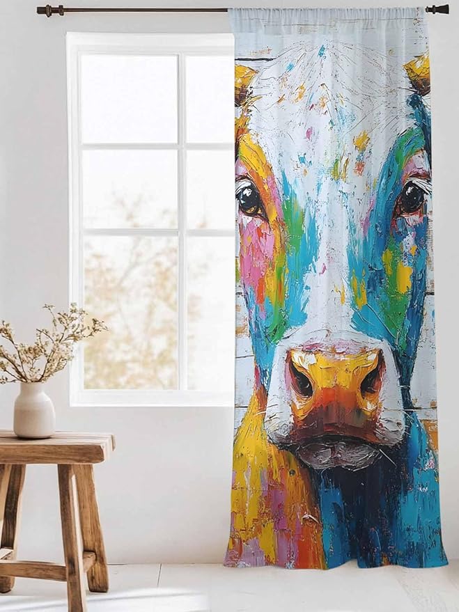 Sheer Curtains 108 Inches Long, Funny Colorful Cow Semi Sheer Curtains Light Filtering Window Treatment, Retro Rustic Oil Painting Wood Grain Privacy Voile Drapes for Living Room Bedroom 52x108 Inch