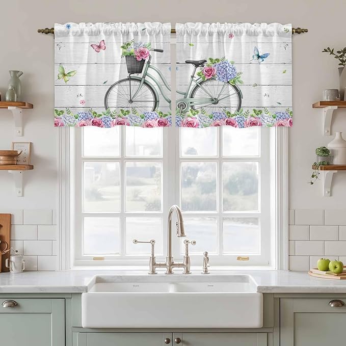 Spring Tier Curtains, Bicycles Botanical Rose Leaves Butterfly Wood Grain Light Filtering Kitchen Curtains, 2Pcs Rod Pocket Half Window Treatments Panels for Sink Cafe Cabinet Camper 27.5x36 Inches