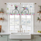 Spring Tier Curtains, Bicycles Botanical Rose Leaves Butterfly Wood Grain Light Filtering Kitchen Curtains, 2Pcs Rod Pocket Half Window Treatments Panels for Sink Cafe Cabinet Camper 27.5x36 Inches