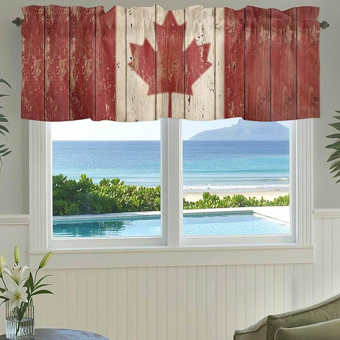 Canada Curtain Valances for Windows, Kitchen Valance Window Treatment, Red Maple Leaf Flag Vintage Farmhouse Wooden Grain Light Filtering Block Curtains for Bathroom/Bedroom/Living Room 60'' x 18''