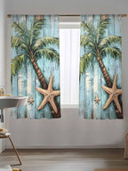 Sheer Curtains 72 Inches Long, Coastal Blue Green Tree Semi Sheer Curtains Light Filtering Window Treatment, Beach Tropical Vintage Wood Grain Privacy Voile Drapes for Living Room Bedroom 52x72 Inch
