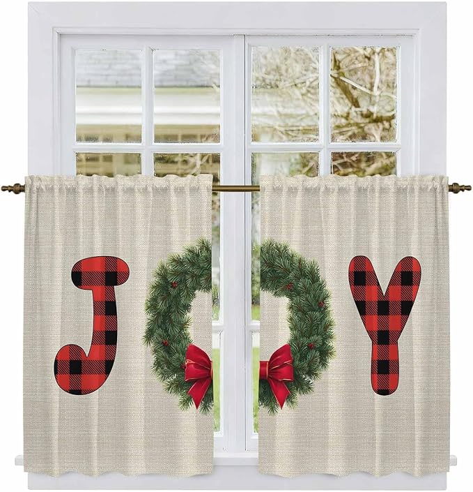 Red Green Christmas Kitchen Curtains 45 Inch Long 2 Panel Set, Rod Pocket Window Treatment, Farmhouse Xmas Botanical Winter Light Filtering Short Curtains & Drapes for Bathroom Laundry 52"W x 45"L