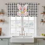 Easter Kitchen Tier Curtains 24 Inch Long 2 Panel Set,Rod Pocket Cafe Small Window Curtains Over Sink,Spring Rabbits Ears Feet Wildflowers Black Plaid Light Filtering Short Drapes 27.5"W x 24"L