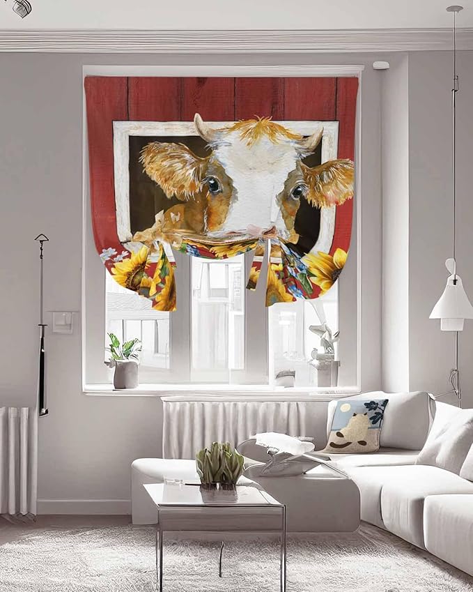 Tie Up Curtains for Windows, Cows Sunflowers Adjustable Balloon Nature Linen Textured Kitchen Curtain, Spring Floral Bees Farmhouse Barn Blackout Curtains for Living Room, 46 x 63 Inches