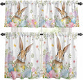 Kitchen Curtains Tiers and Valance Set of 3, Easter Light Filtering Window Curtain Set, Spring Rabbit Colorful Eggs Budding Florals Leaf Rod Pocket Curtain Drapes for Living Room, 24 Inches Tiers