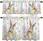 Kitchen Curtains Tiers and Valance Set of 3, Easter Light Filtering Window Curtain Set, Spring Rabbit Colorful Eggs Budding Florals Leaf Rod Pocket Curtain Drapes for Living Room, 24 Inches Tiers