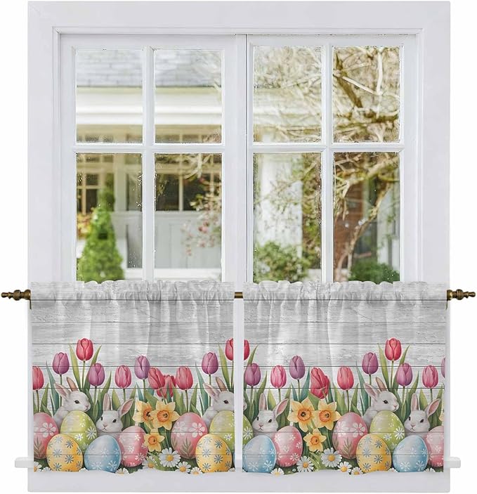 Easter Kitchen Tier Curtains 24 Inch Long 2 Panel Set,Rod Pocket Cafe Small Window Curtains Over Sink,Retro Spring Bunny Eggs Tulip Farm Wooden Grain Light Filtering Short Drapes 27.5"W x 24"L