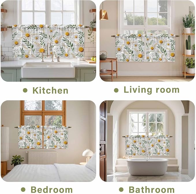 Spring Daisy Tier Curtains, Farmhouse Country Flower Leaf Plant Wood Grain Light Filtering Kitchen Curtains, 2Pcs Rod Pocket Half Window Treatments Panels for Sink Cafe Cabinet Camper 27.5x36 Inches