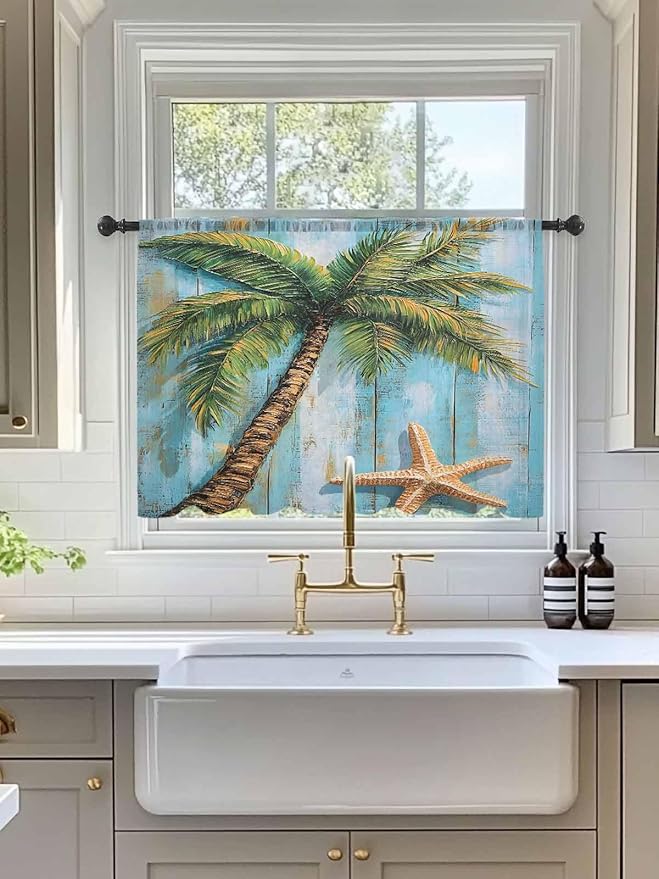 Sheer Curtains 54 Inch Length, Coastal Beach Tree Semi Sheer Curtains Light Filtering Window Treatment, Summer Tropical Starfish Wood Grain Privacy Voile Drapes for Living Room Bedroom 52x54 Inch