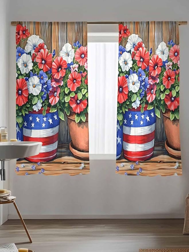 Sheer Curtains 72 Inches Long, Red Blue Flower Semi Sheer Curtains Light Filtering Window Treatment, Retro Independence Day Flag Wood Grain Privacy Voile Drapes for Living Room Bedroom 52x72 Inch