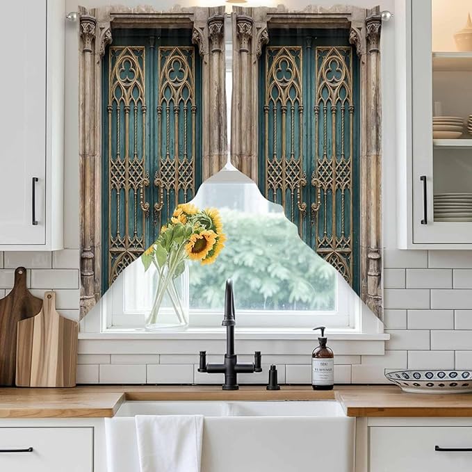 Turquoise Vintage Door Swag Valances for Windows, Countryside Barn Abstract Art Rod Pocket Kitchen Curtains Valance, Small Window Curtains Swag for Cafe Bathroom Living Room, 2 Panels, 36x36 inch