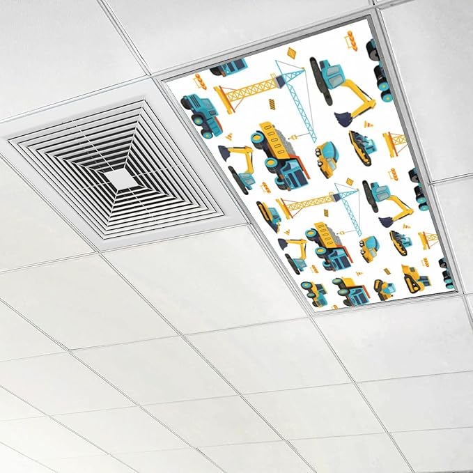 4 Pcs Fluorescent Light Covers for Ceiling Lights Seamless Construction Vehicles Cranes Excavators Trucks Bulldozers Decorative Magnets Light Filters for Office Home Classroom Must Haves 4’ x 2’