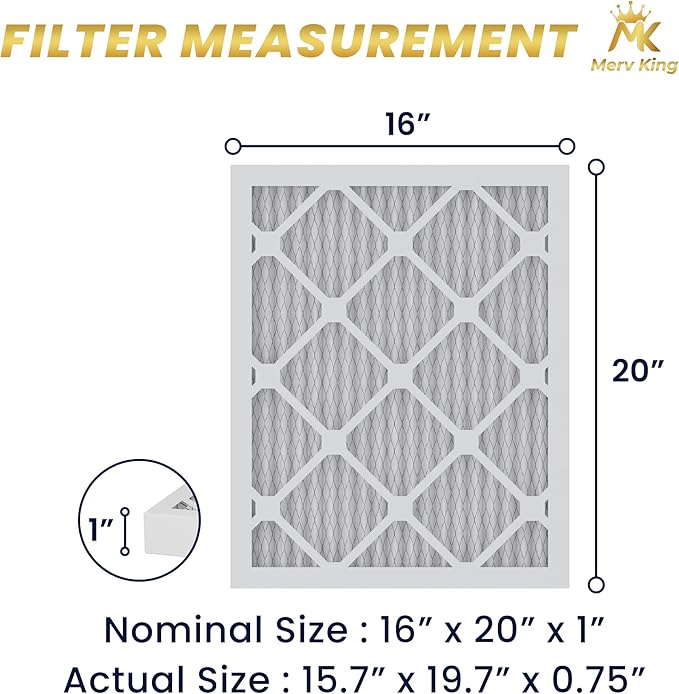 MervKing 16x20x1 Air Filter Actual Size: 15.7" x 19.7" x 0.75" MERV 8 MPR 600-700 | MADE IN USA | 2-Pack | Pleated HVAC AC Furnace Replacement