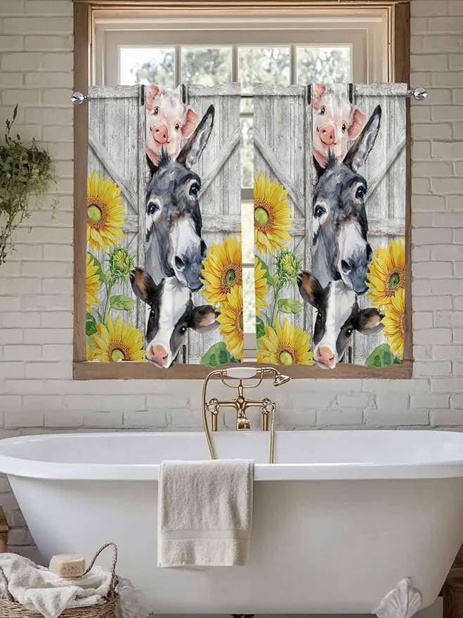 Farmhouse Kitchen Curtains 45 Inches length, Watercolor Sunflowers Animals Printed Wood Grain Window Treatment Curtain Drapes, Lightweight Window Panels for Living Room Bedroom, 52"x45", 2 Panels